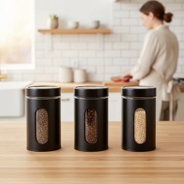 Set Of Three Clear And Black Storage Jars