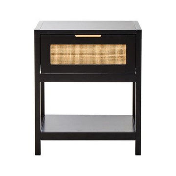 Sherman Black Wood and Natural Rattan One Drawer Bedside Table