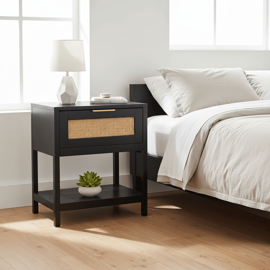 Sherman Black Wood and Natural Rattan One Drawer Bedside Table