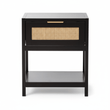 Sherman Black Wood and Natural Rattan One Drawer Bedside Table