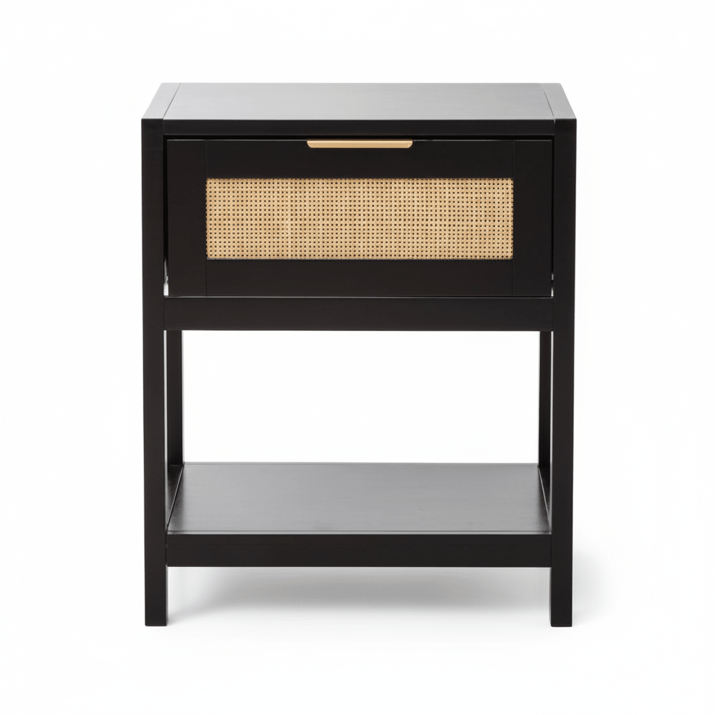 Sherman Black Wood and Natural Rattan One Drawer Bedside Table