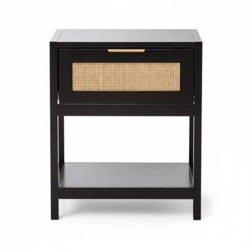 Sherman Black Wood and Natural Rattan One Drawer Bedside Table