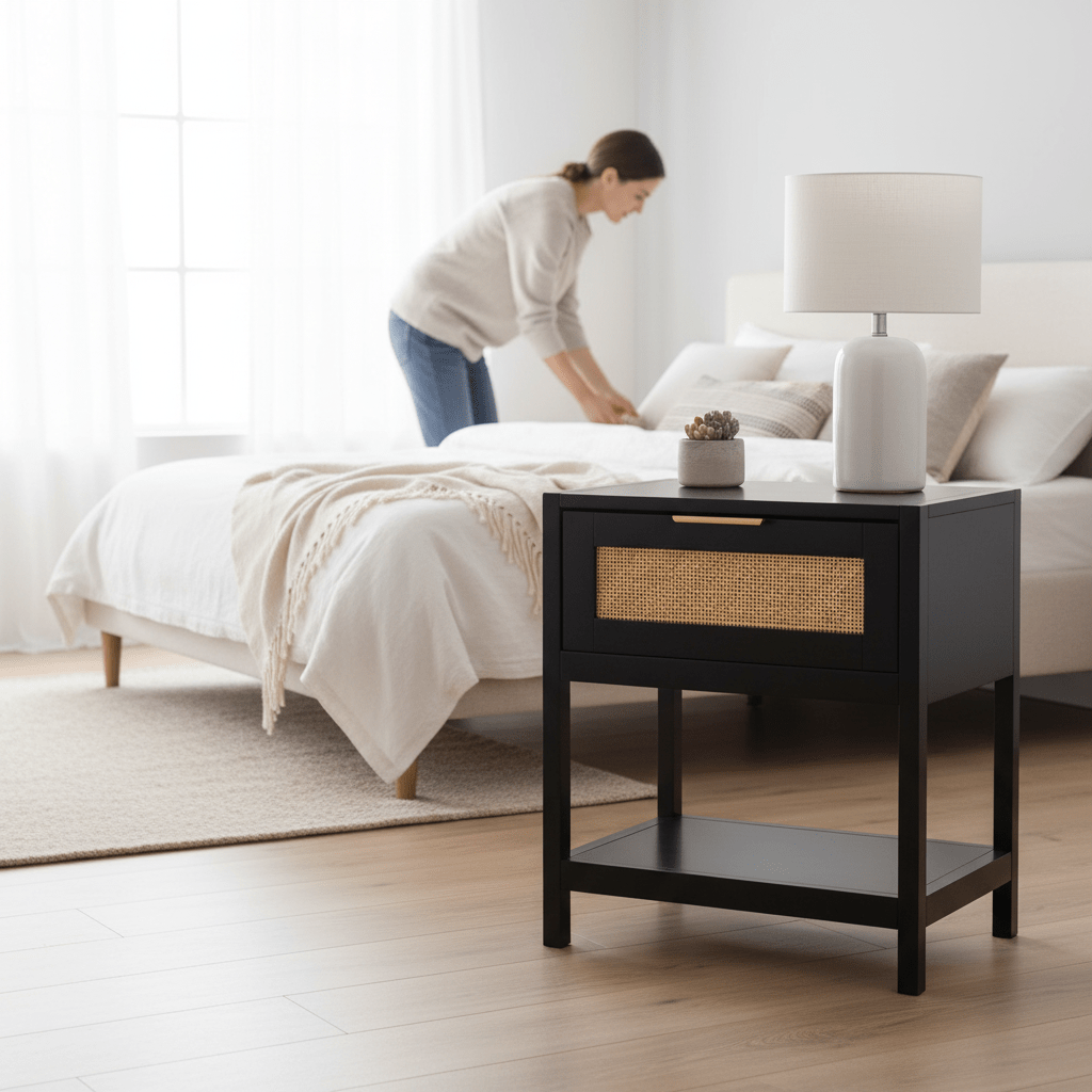 Sherman Black Wood and Natural Rattan One Drawer Bedside Table