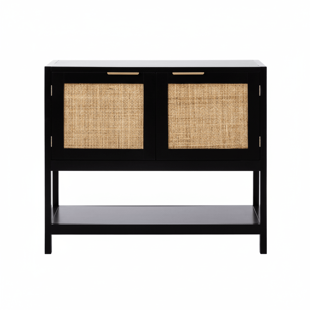 Sherman Black Wood and Rattan Two Door Side Cabinet