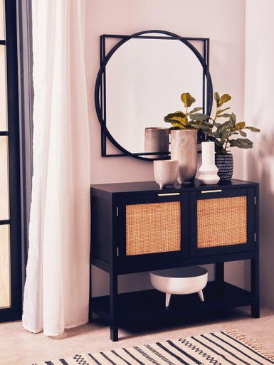 Sherman Black Wood and Rattan Two Door Side Cabinet