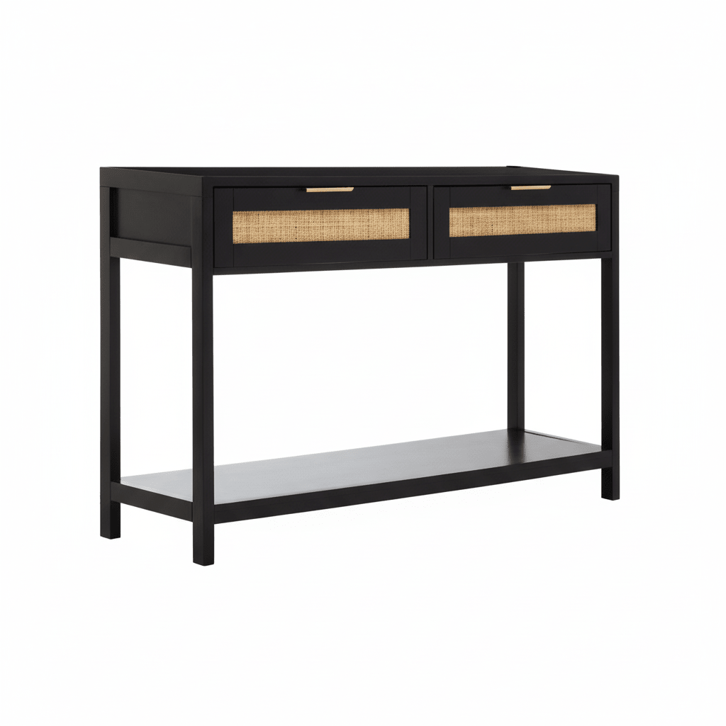 Sherman Black Wood and Rattan Two Drawer Console Table