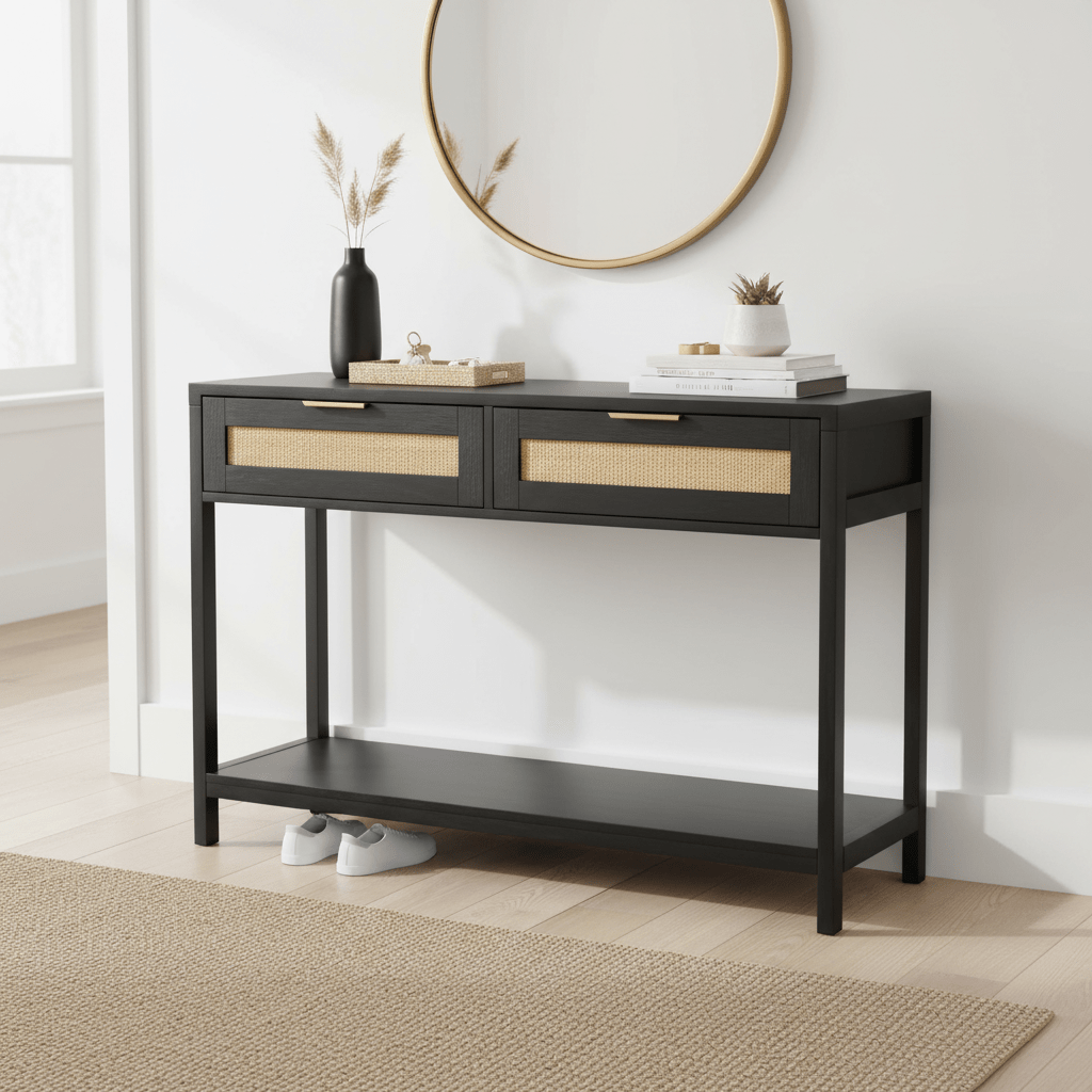 Sherman Black Wood and Rattan Two Drawer Console Table