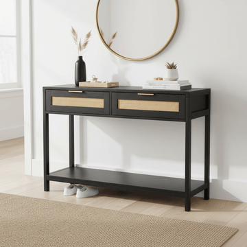 Sherman Black Wood and Rattan Two Drawer Console Table