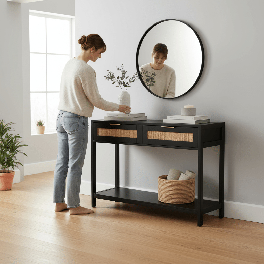 Sherman Black Wood and Rattan Two Drawer Console Table