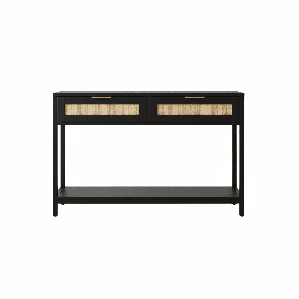 Sherman Black Wood and Rattan Two Drawer Console Table