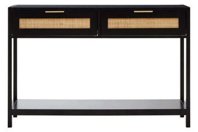 Sherman Black Wood and Rattan Two Drawer Console Table