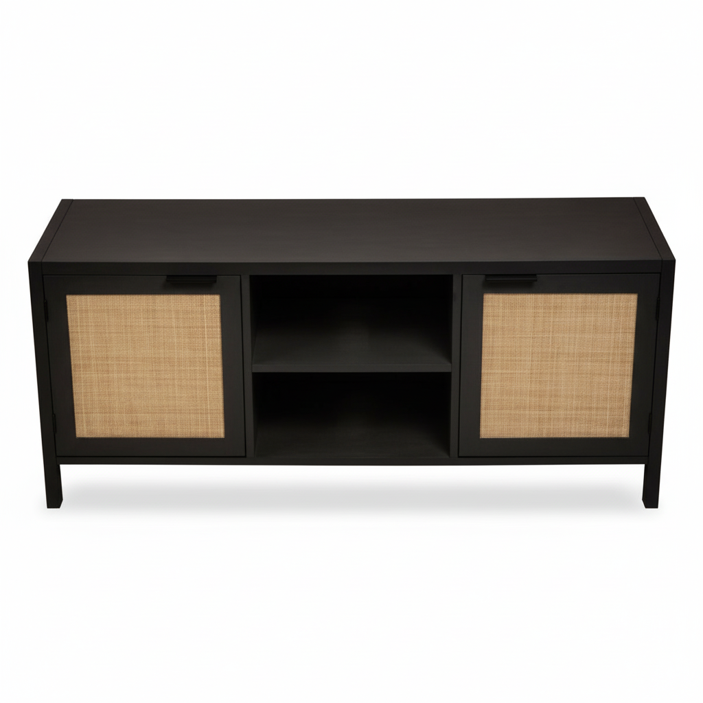Sherman Black Wood and Rattan Media Unit