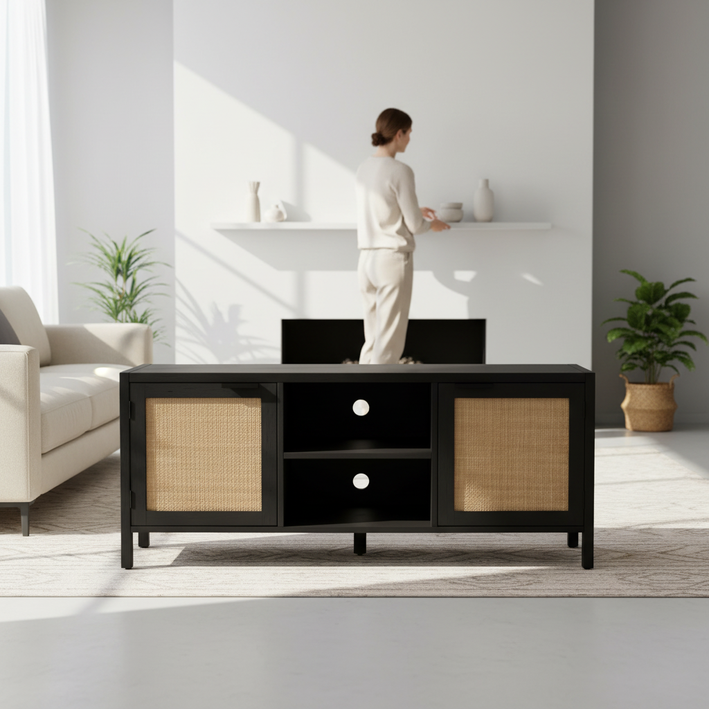 Sherman Black Wood and Rattan Media Unit