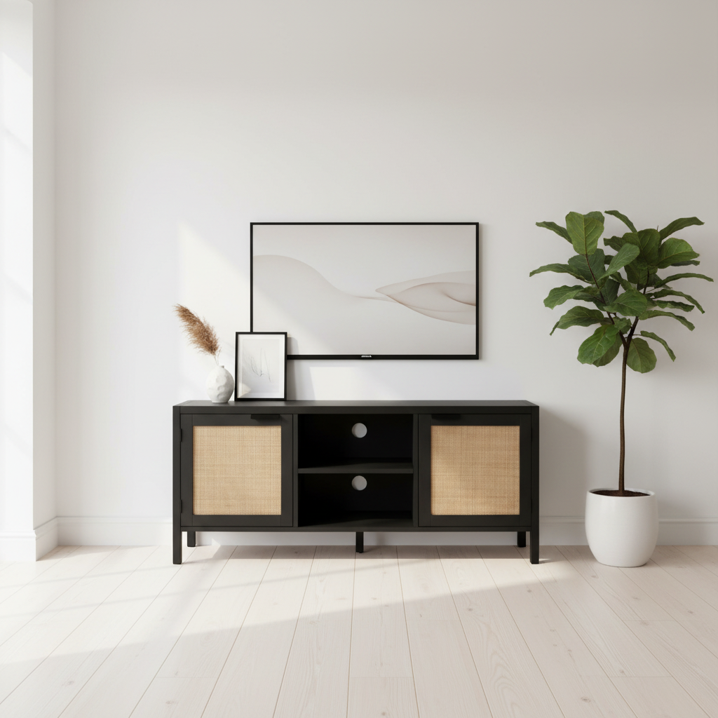 Sherman Black Wood and Rattan Media Unit
