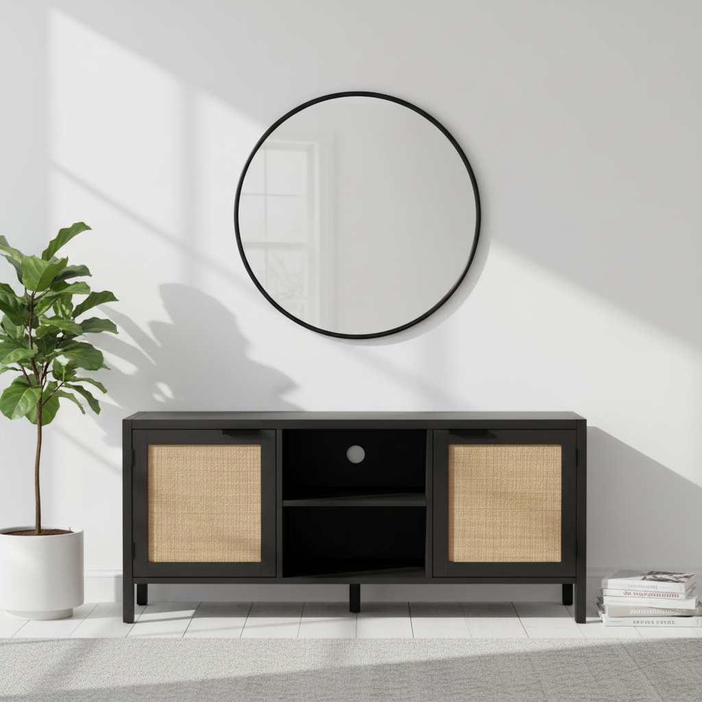 Sherman Black Wood and Rattan Media Unit