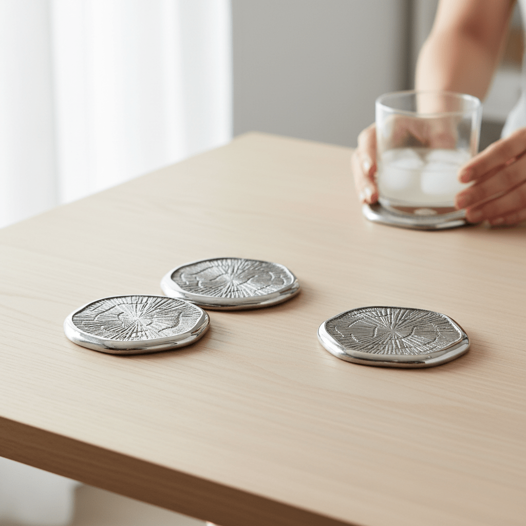 Silva Set Of Four Oak Effect Silver Top Coasters