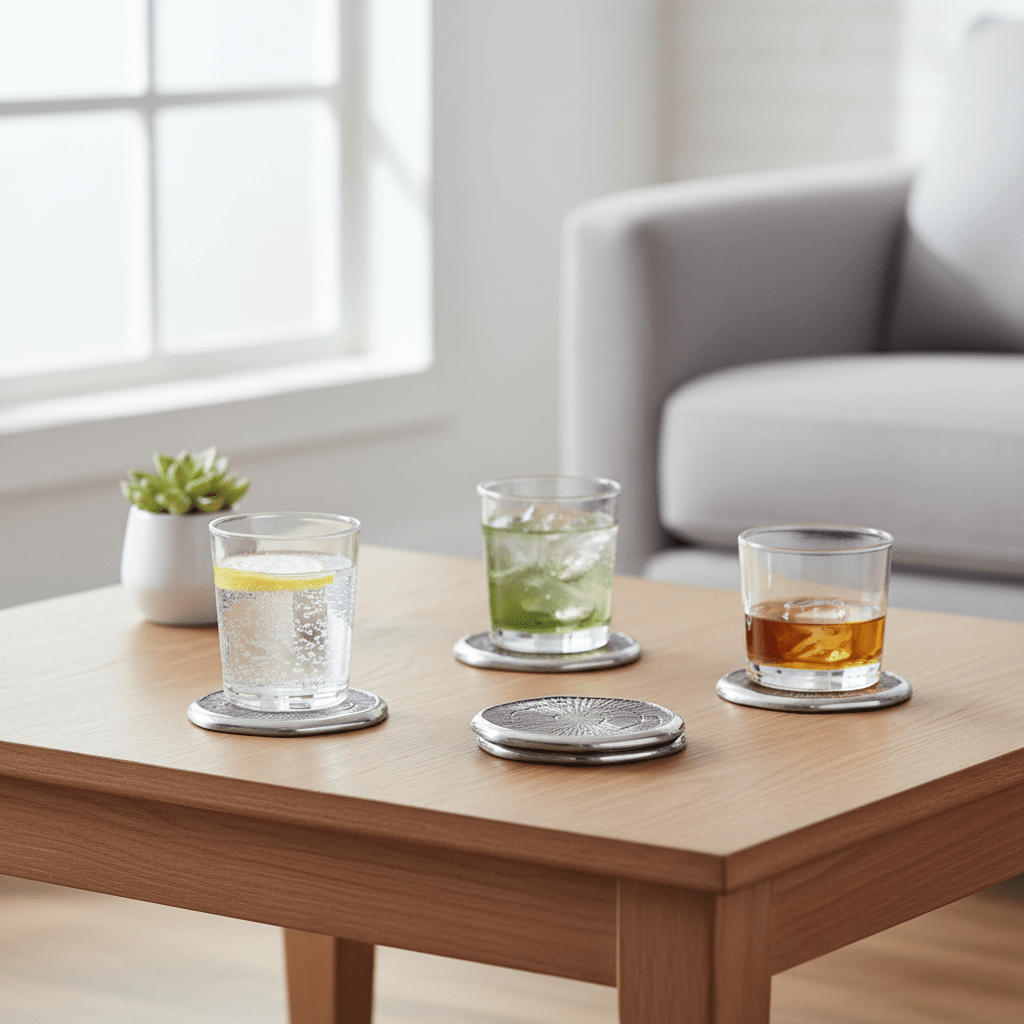 Silva Set Of Four Oak Effect Silver Top Coasters