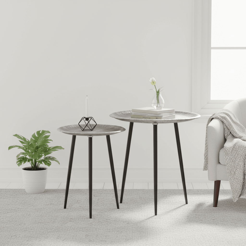 Silva Set Of Two Oak Effect Silver Top Side Tables