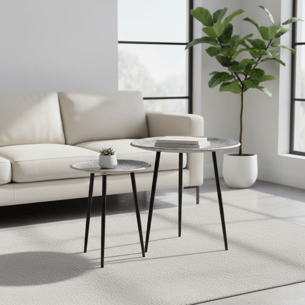 Silva Set Of Two Oak Effect Silver Top Side Tables