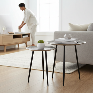 Silva Set Of Two Oak Effect Silver Top Side Tables