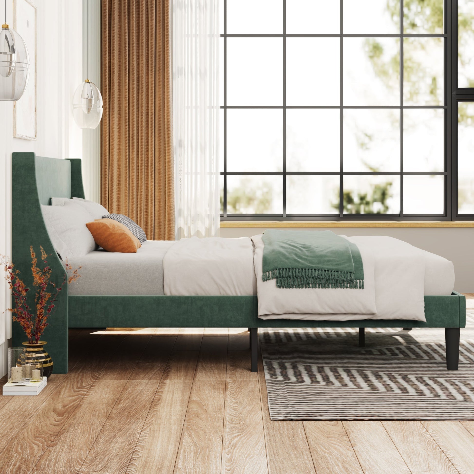 Single Bed Velvet Dark Green Upholstered Bed with Winged Headboard and Wood Slat Supports