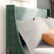 Single Bed Velvet Dark Green Upholstered Bed with Winged Headboard and Wood Slat Supports