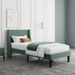 Single Bed Velvet Dark Green Upholstered Bed with Winged Headboard and Wood Slat Supports