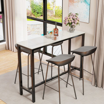 Sintered Stone Bar Table White Rectangle Counter Height Dining Table with Black Metal Frame High Top Pub Tables