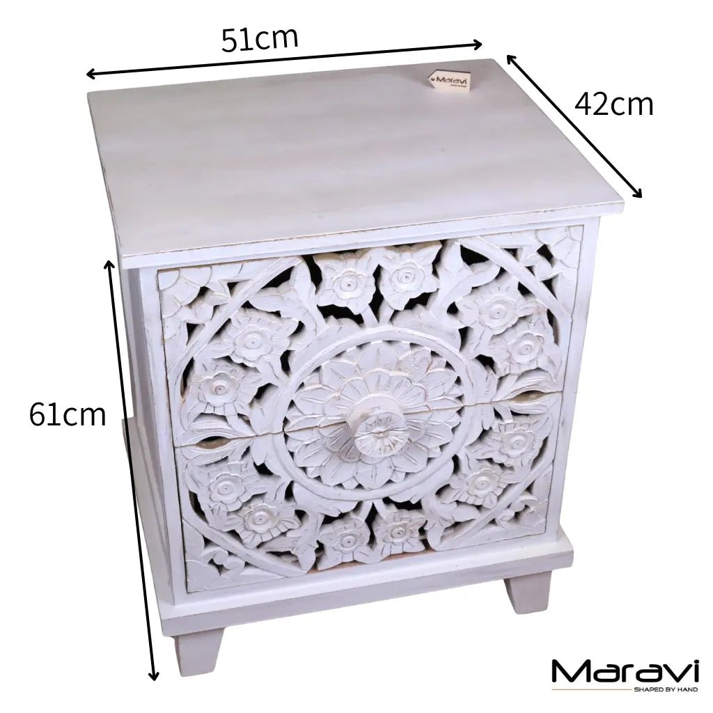Sohani Wooden Carved Bedside Table Cabinet Distressed White