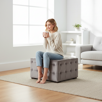 Stella Grey Velvet Button Tufted Stool