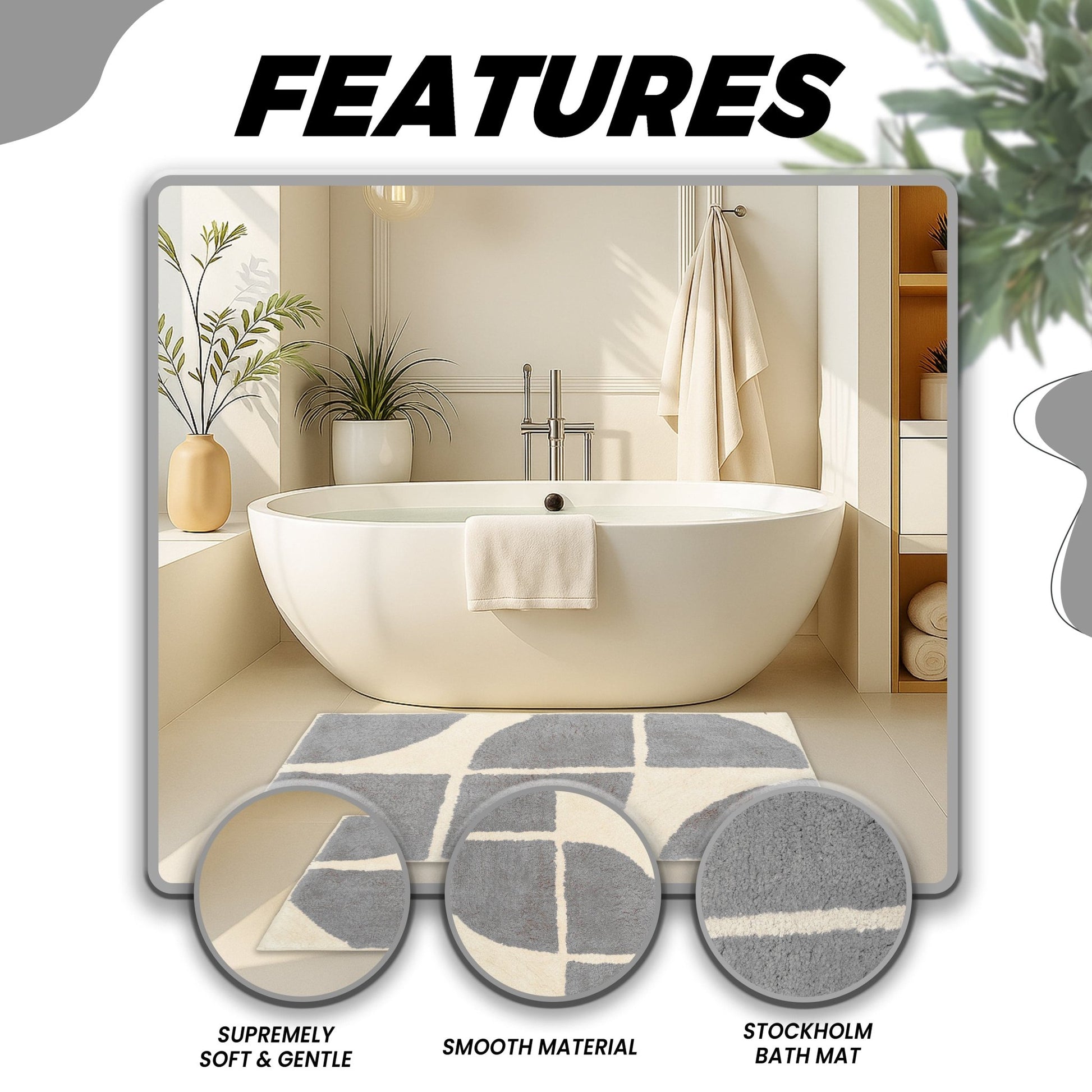 Stockholm Bath Mat Non Slip Backing Super Soft Water Absorbent Cotton Blend Mats Quick - Drying Bathroom Toilet Floor Rug