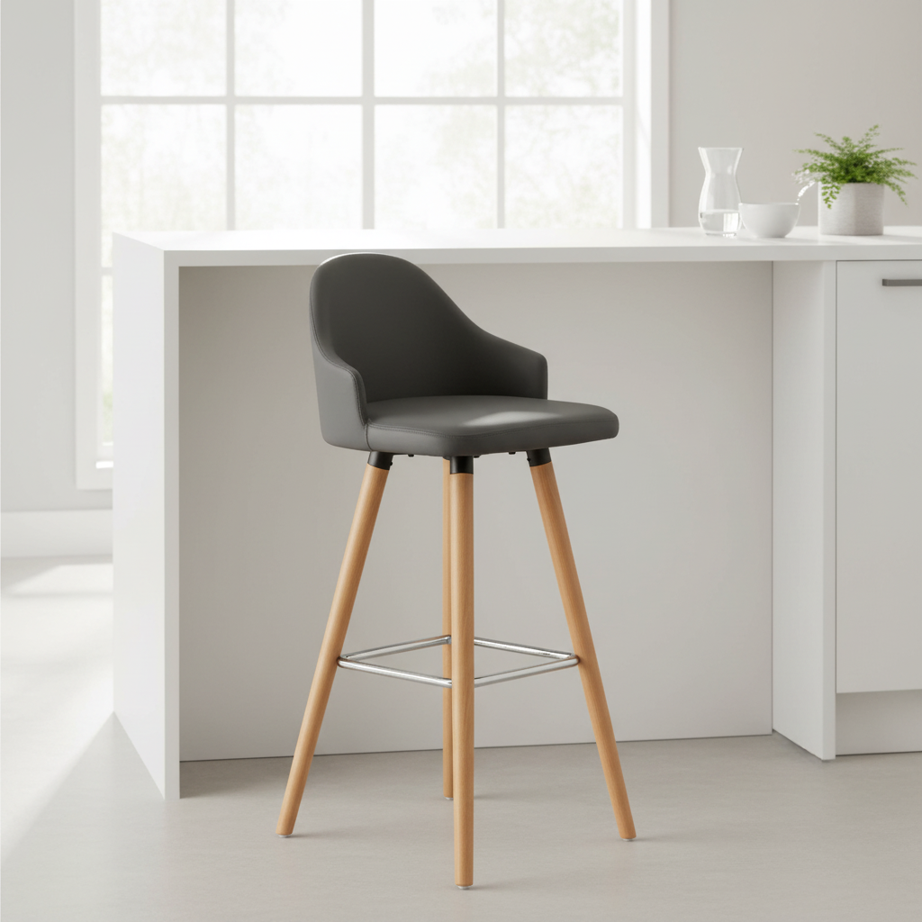 Stockholm Grey Faux Leather Bar Stool with Beechwood Legs
