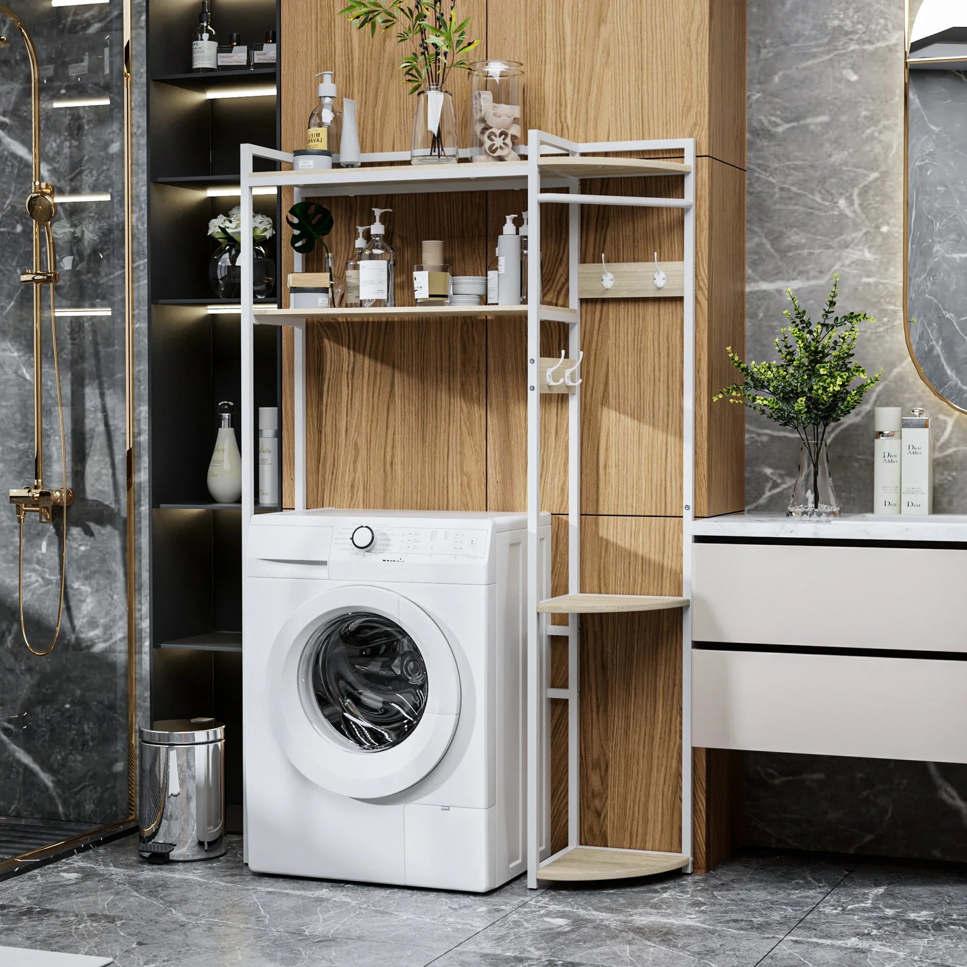 Storage Rack Organizer with 4 Hooks, Space - Saver Shelf Unit, Bathroom Laundry, Over Toilet, Washing Machine