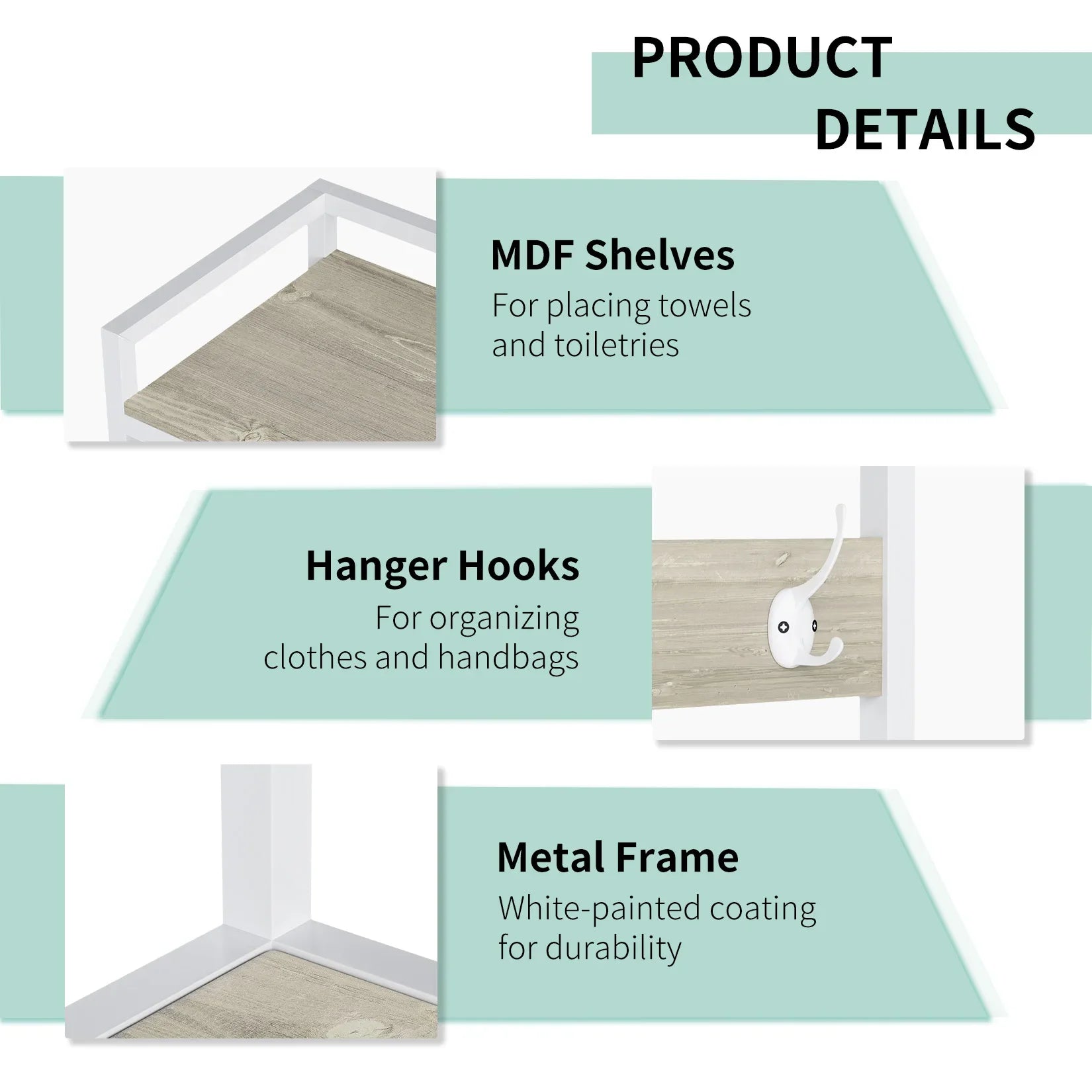 Storage Rack Organizer with 4 Hooks, Space - Saver Shelf Unit, Bathroom Laundry, Over Toilet, Washing Machine
