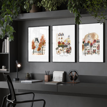 Study Room Wall Decor Autumn Paris Watercolour wall art — Louvre, Eiffel Tower & Montmartre displayed on a wall in a styled room
