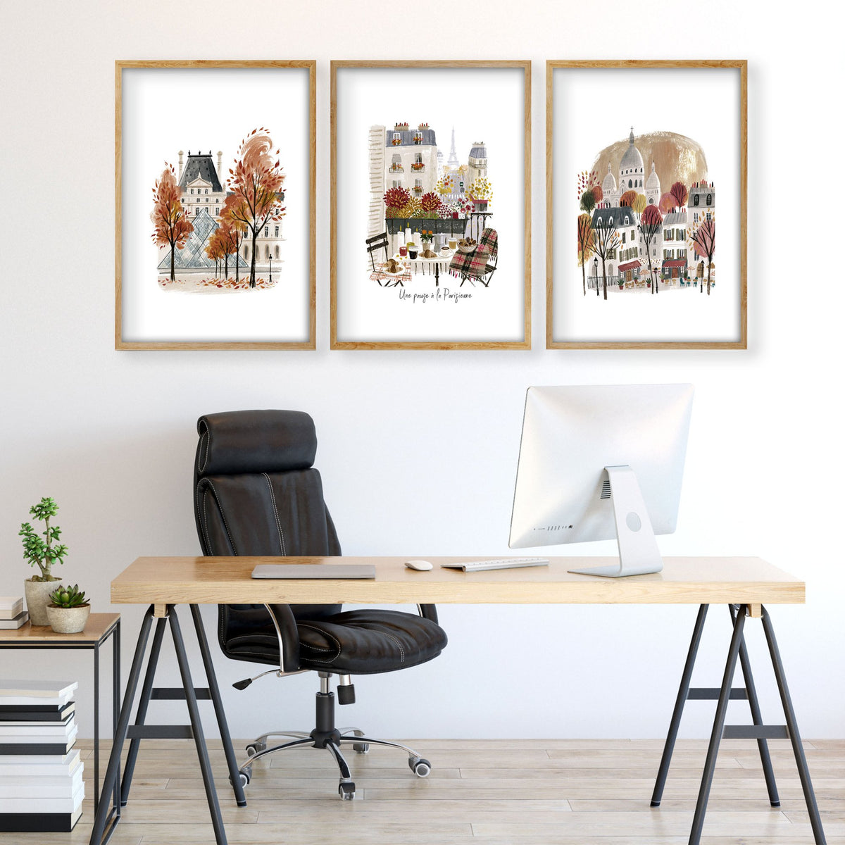 Study Room Wall Decor Autumn Paris Watercolour wall art — Louvre, Eiffel Tower & Montmartre displayed on a wall in a styled room — view 2