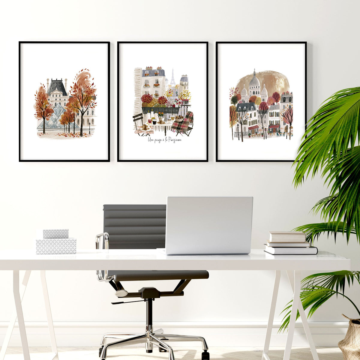 Study Room Wall Decor Autumn Paris Watercolour wall art — Louvre, Eiffel Tower & Montmartre displayed on a wall in a styled room — view 3