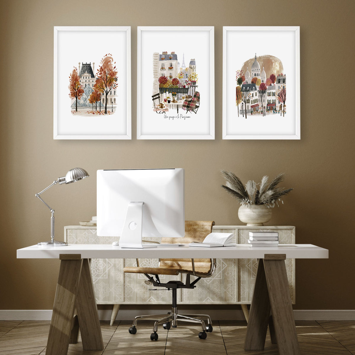 Study Room Wall Decor Autumn Paris Watercolour wall art — Louvre, Eiffel Tower & Montmartre displayed on a wall in a styled room — view 4