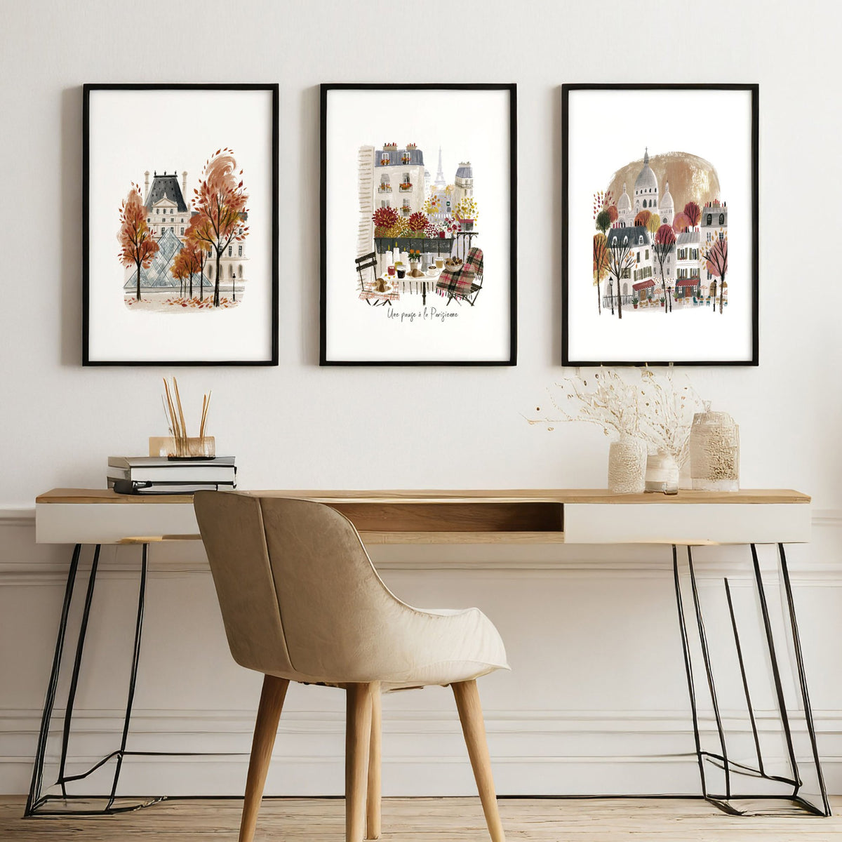 Study Room Wall Decor Autumn Paris Watercolour wall art — Louvre, Eiffel Tower & Montmartre displayed on a wall in a styled room — view 5