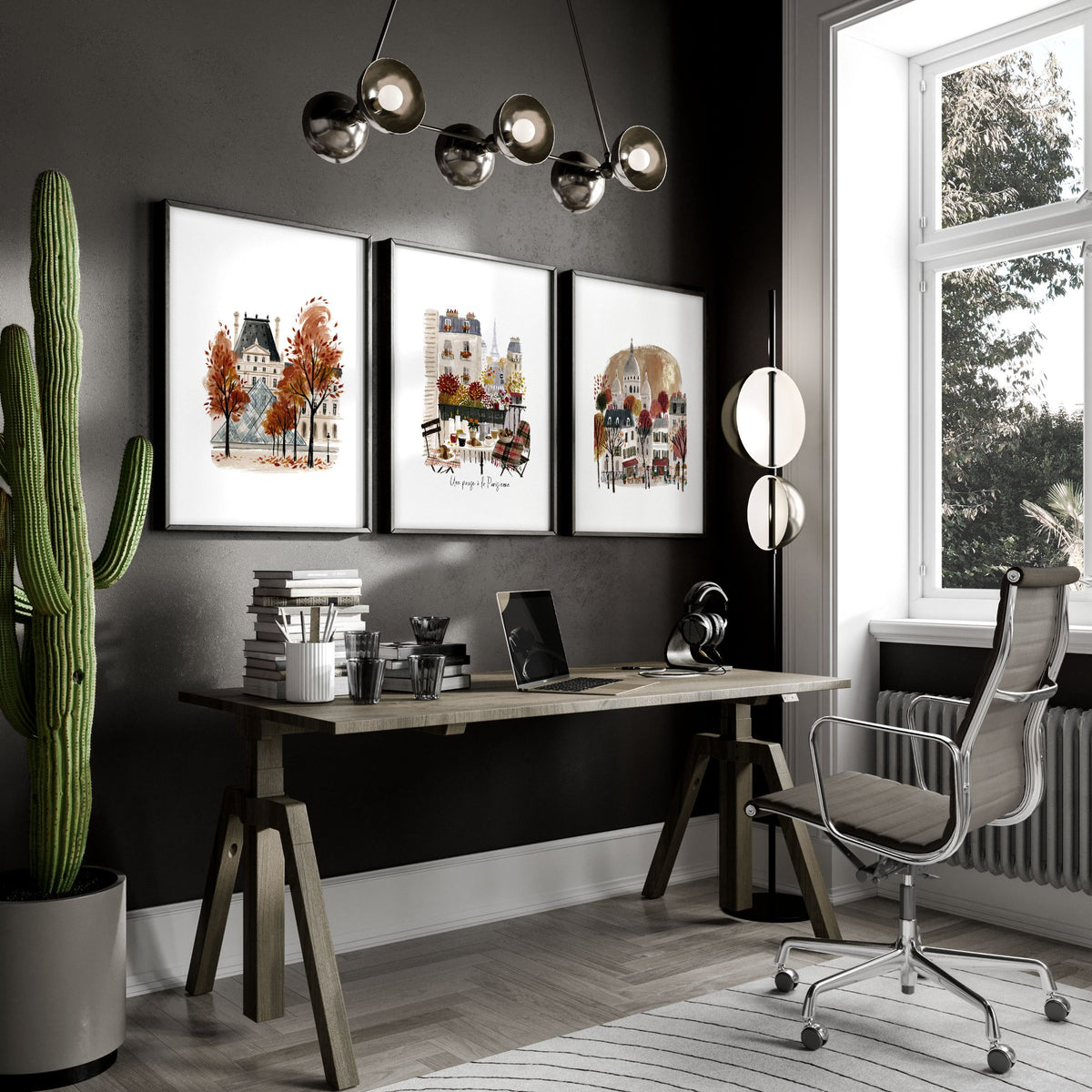 Study Room Wall Decor Autumn Paris Watercolour wall art — Louvre, Eiffel Tower & Montmartre displayed on a wall in a styled room — view 6