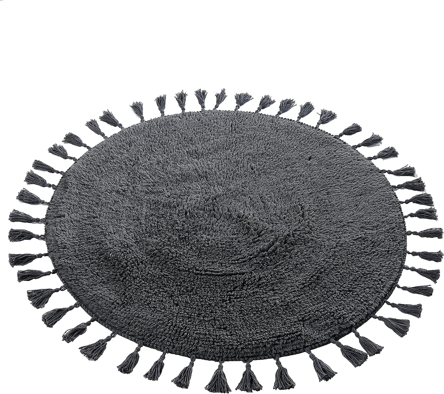 Super Soft Absorbent Non - Slip Round Tasselled Bath Mat 100% Cotton Bathroom Rug in Duck Egg Grey Natural and White