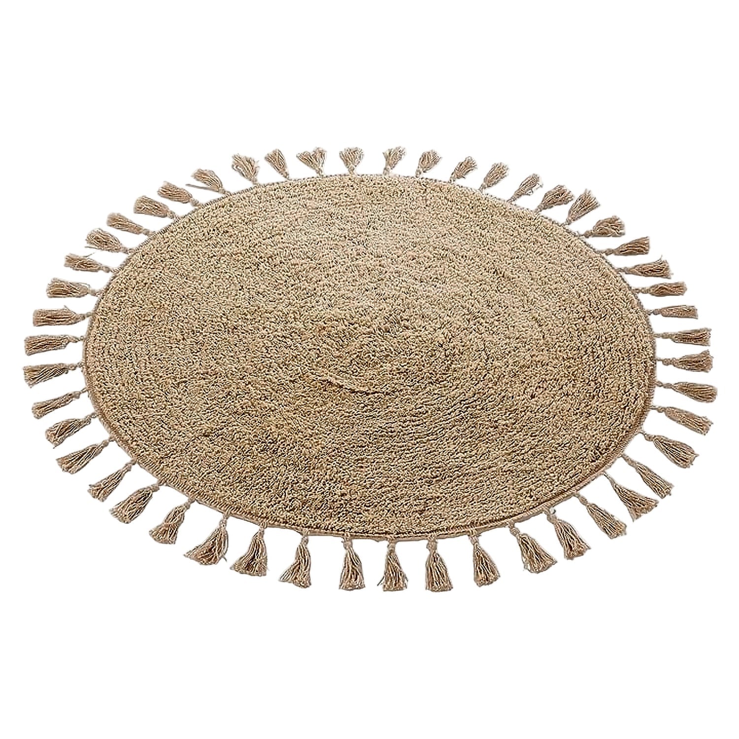 Super Soft Absorbent Non - Slip Round Tasselled Bath Mat 100% Cotton Bathroom Rug in Duck Egg Grey Natural and White