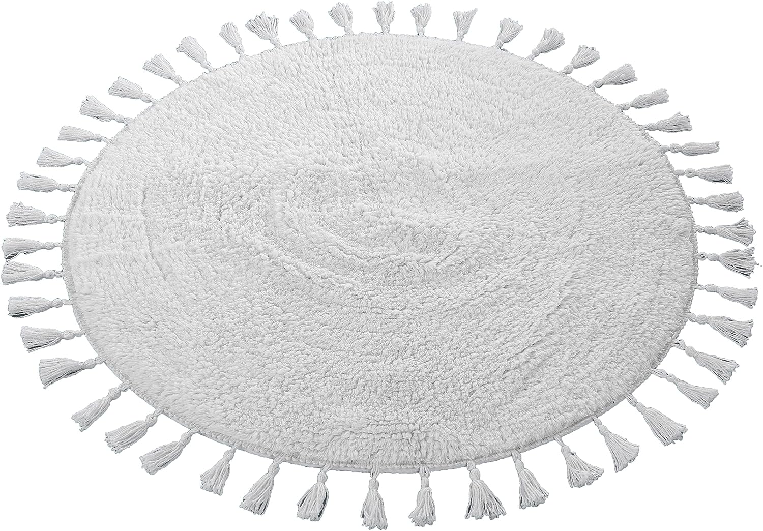 Super Soft Absorbent Non - Slip Round Tasselled Bath Mat 100% Cotton Bathroom Rug in Duck Egg Grey Natural and White