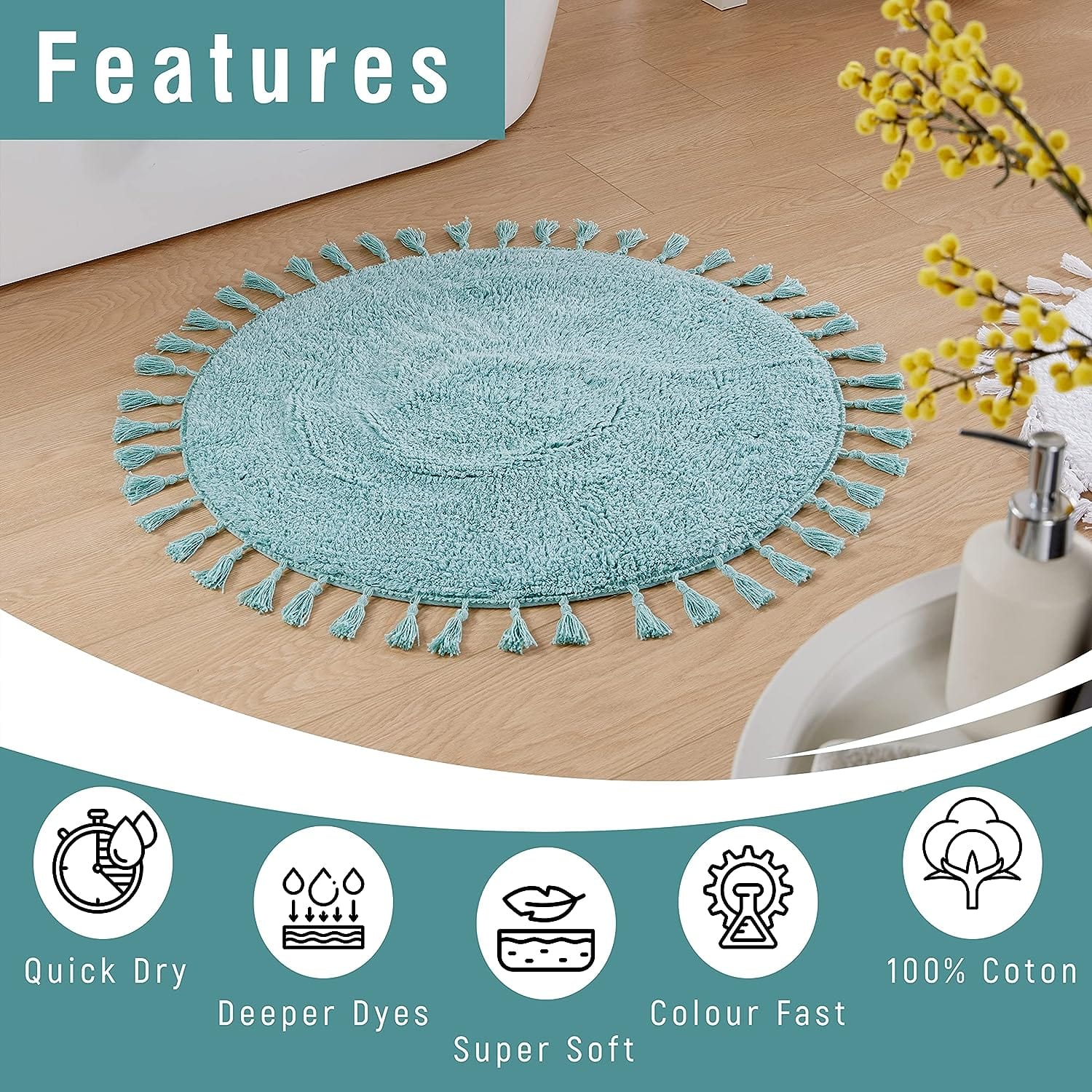 Super Soft Absorbent Non - Slip Round Tasselled Bath Mat 100% Cotton Bathroom Rug in Duck Egg Grey Natural and White