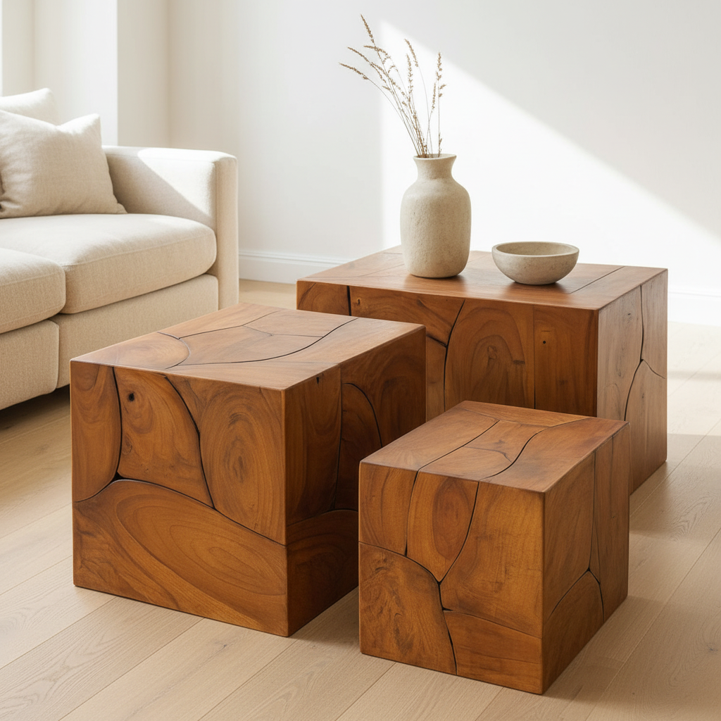 Surak Set of 3 Teak Side Tables and Stools