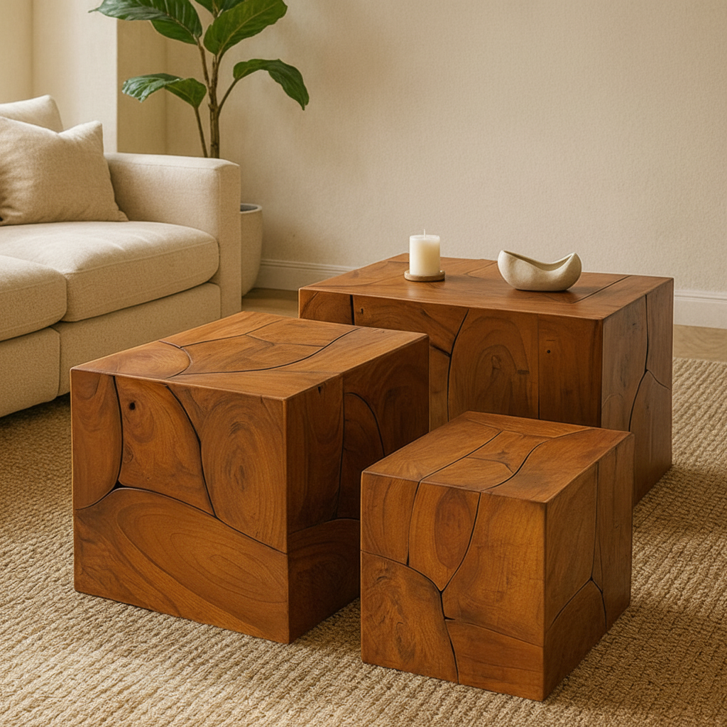 Surak Set of 3 Teak Side Tables and Stools