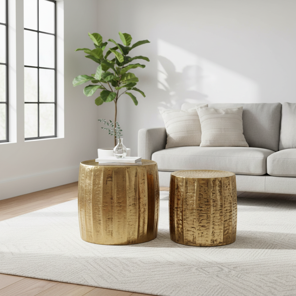 Templar Set Of 2 Antique Brass Finish Side Tables And Stools