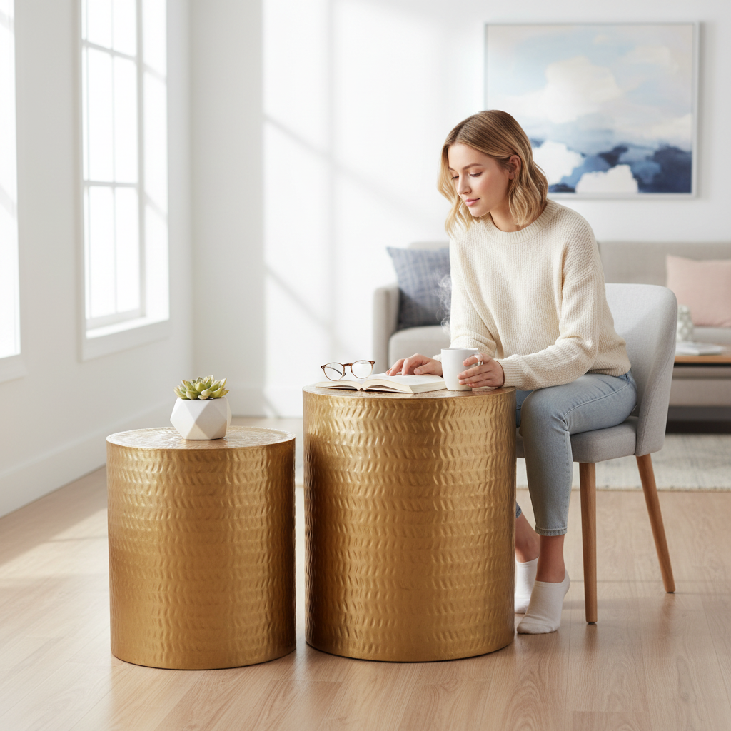 Templar Set of 2 Gold Finish Side Tables and Stools