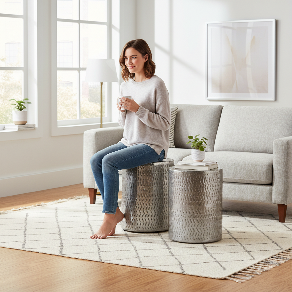Templar Set of 2 Nickel Finish Side Tables and Stools