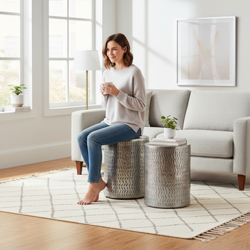 Templar Set of 2 Nickel Finish Side Tables and Stools